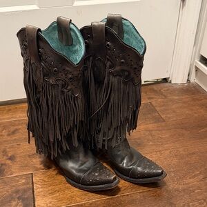 Fringed Black Leather Heeled Boots
